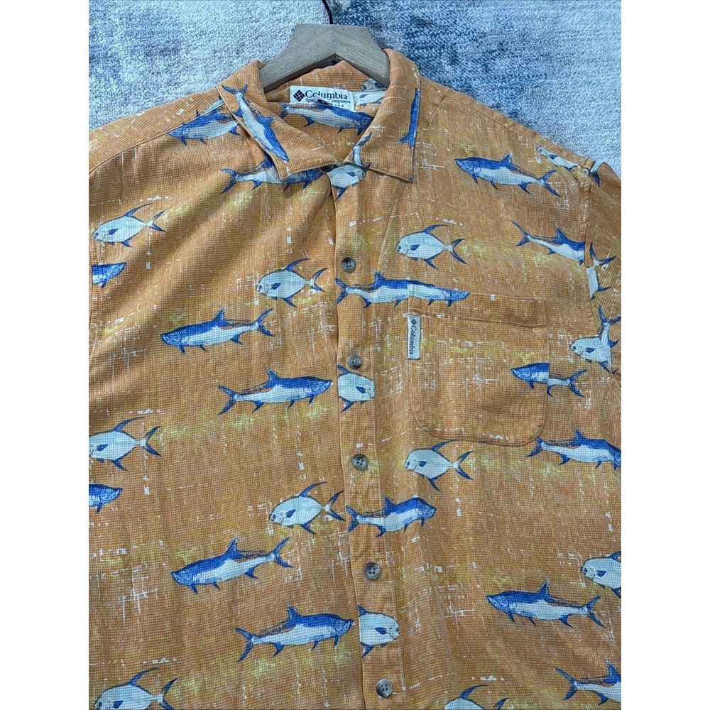 Men's Silk Nautical Fish Print Button Up Shirt Coastal Beach Orange Medium - Picture 1 of 8
